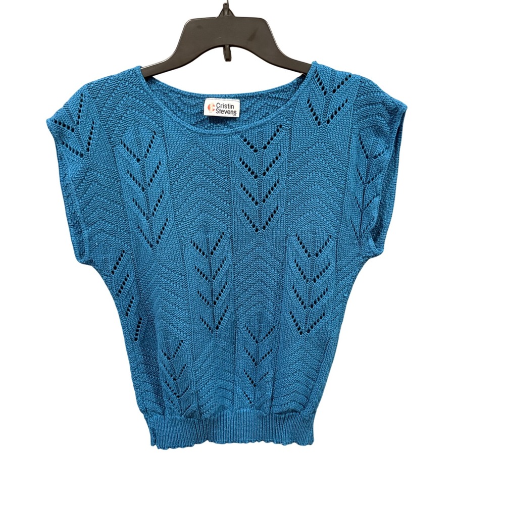 True Vintage 80s Cristin Stevens Teal Blue Eyelet Open Knit Cap Sleeve Sweater